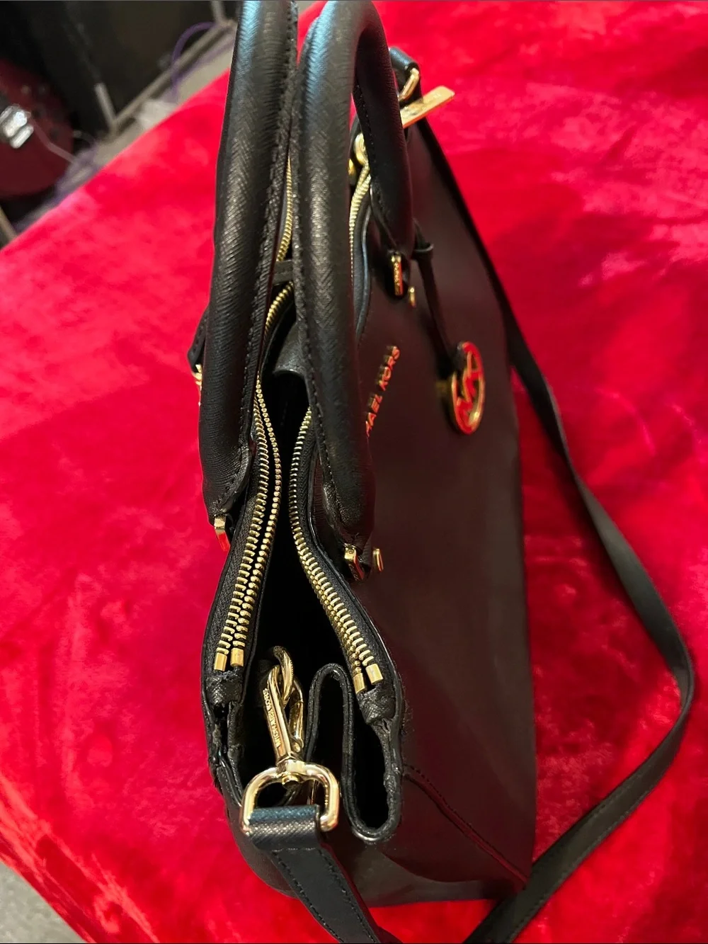 Michael Kors Black Saffiano Leather Satchel with Gold MK Charm